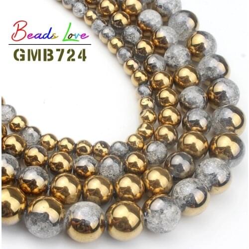 Wholesale Plated Gold White Snow Cracked Crystal Stone 6 8 10 12mm 15'' Round Natural Beads for Jewelry Making Diy Bead Bracelet