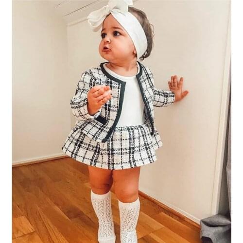 2020 New Kids Baby Girls Clothes Sets Autumn Winter Plaid Jacket Coat Tops + Wedding Party Dress Outfits Kids Clothing 0-6Y