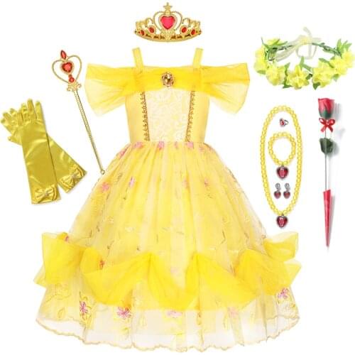 Belle Cosplay Dress for Girl Kids Floral Ball Gown Child Bella Beauty and The Beast Princess Costume Fancy Carnival Party JYF