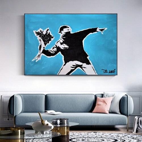 Banksys Flower Thrower canvas painting Posters And Prints Street Art Portrait Paintings Wall Pictures Home Cuadros