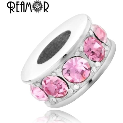 REAMOR Luxury Pink Blue Shine Crystal Beads Stainless steel Spacer Charm Beads for Women Bracelets Necklace DIY Jewelry Making