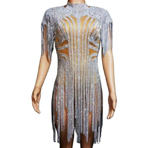 Silver Rhinestones Chain Fringes Bodysuit Ladies Nightclub Performance Dance Costume Stage Wear Party Evening Uniform Costumes