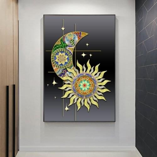 Nordic Abstract Golden Sun and Moon Islamic Style Canvas Painting Religious Art Posters and Prints Wall Picture for Home Decor