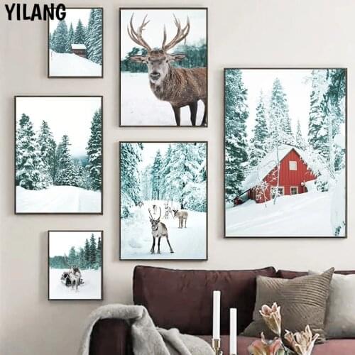 Modern Winter Landscape Pictures Canvas Painting Nordic Wall Art Forest Snow Scenery Deer Decor Posters For Living Room Design