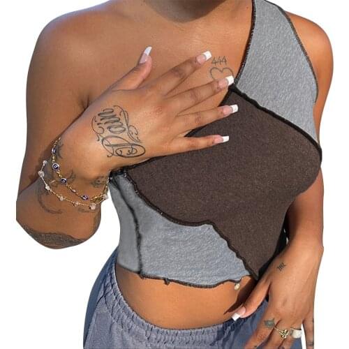 Womans Fashionable Sexy Stitching Color Camisole, One Shoulder Midriff-baring Irregular Base Waistcoat, Daily Life