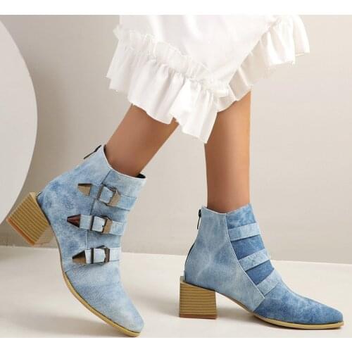 Women Fashion Buckle Motorcycle Boots Female Zipper Square High Heel Ankle Boots Snake Print Square Toe Autumn Winter Shoes Lady