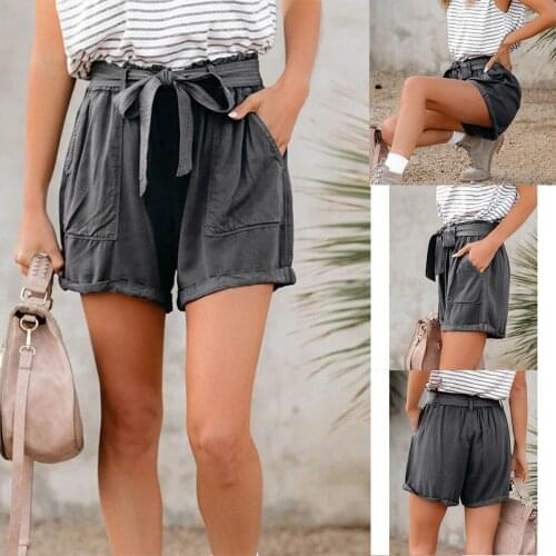 Womens Loose-Fitting Shorts Lace-Up Mid-Waist Solid Color Urban Casual Slimming Curled Trousers Gray