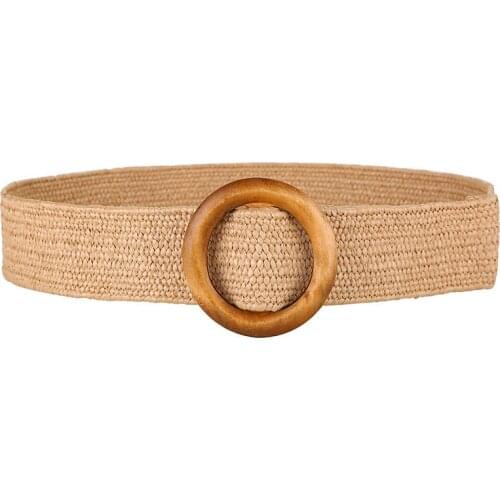 Q Fashion Wooden Round Buckle Head Straw Woven Belt Retro Clothing Skirt Belts Casual Students Belts Women Braided Waist Belt