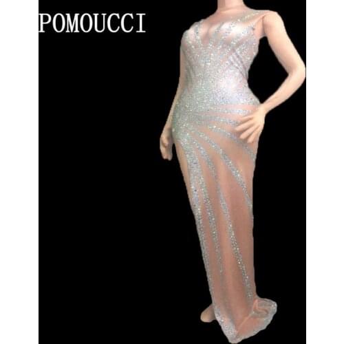 2020 Womens Sparkly Crystals Stretch Sexy Long Dress Birthday Celebrate Female Singer Show Party Outfit Sexy Nude Dance Dresses