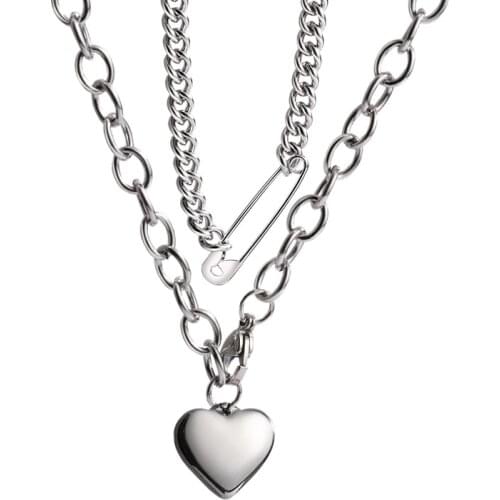 Womens double titanium steel heart-shaped necklace, fashion cold air pullover sweater chain accessories