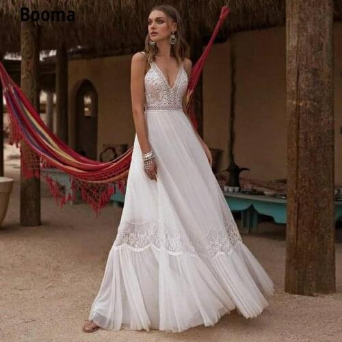 Booma Boho Wedding Dresses V-neck Lace Bridal Gowns Backless Sleeveelss Bohemia Beach Princess Wedding Party Dress Vintage 2020