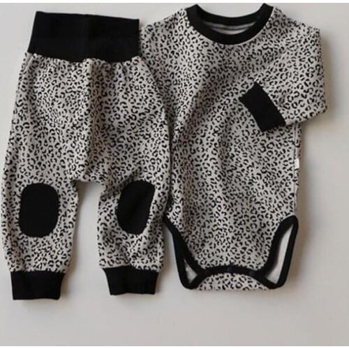 2021 new cotton boys girls 2 pcs set autumn cotton leopard romper+long pants cool soft babys pajama suit