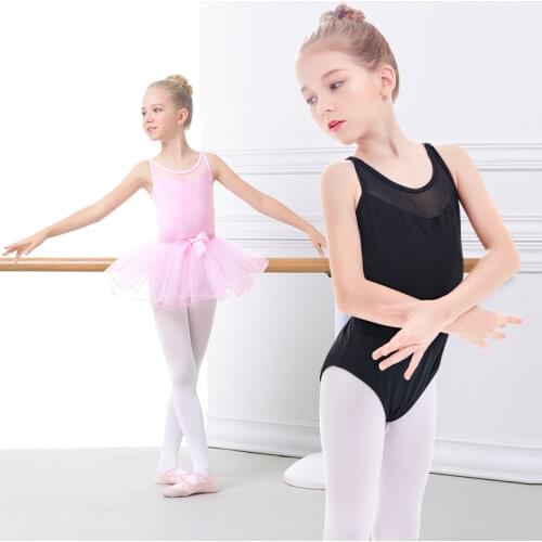 Girls Ballet Leotards Tutu Dress Pink Black Mesh Sleevess Dance Leotards Tutu Skirt Camisole Ballet Dancewear