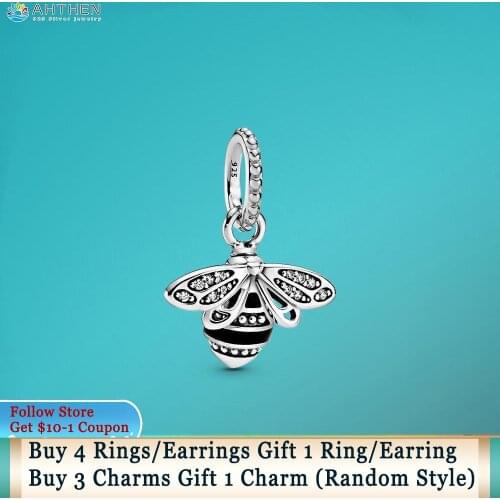 Ahthen S925 Sterling Silver Beads Sparkling Queen Bee Pendant Charms fit Original Pandora Bracelets Women DIY Jewelry Making