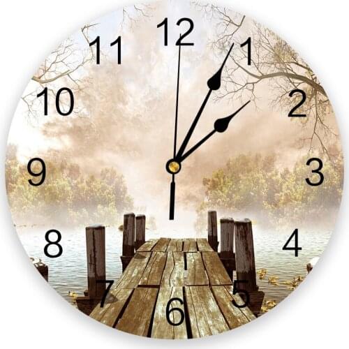 Wooden Bridge Tree Branch River Silent Decorative Wall Clock Digital Clock Operated Round Home Office School Clocks