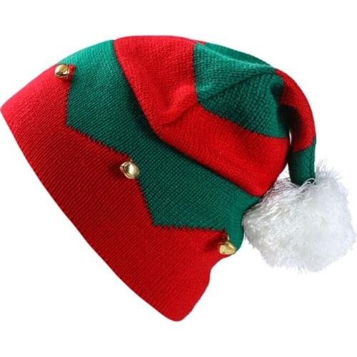 Toddler Kids Christmas Knitted Elf Hat with Small Bells Contrast Color Wavy Stripes Crochet Pompom Santa Cap Party Supplies