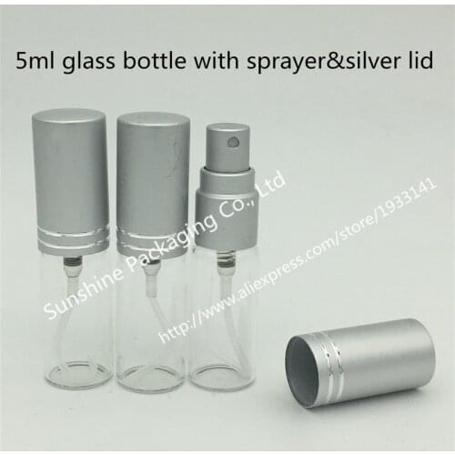 Hot sale 500Pcs/lot 5ml Glass Spray Bottles, 5CC Glass Perfume Bottle With Silver Cap, Small Travel Packing Container