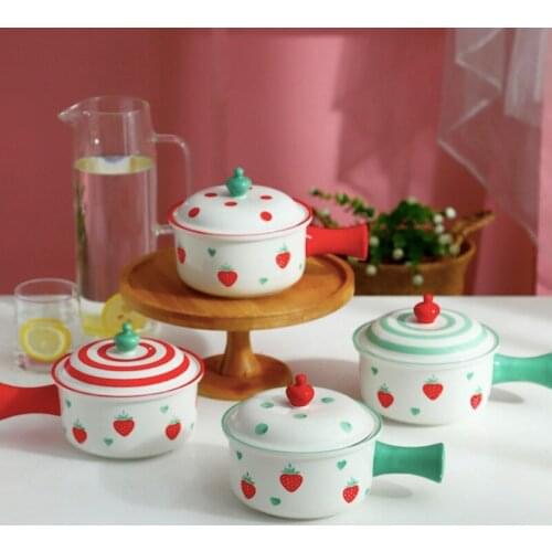 Nordic Ceramic Salad Bowl With Handle Lid Breakfast Cereal Fruit Bowl Color Dessert Soup Noodle Bowl Microwave Oven Special