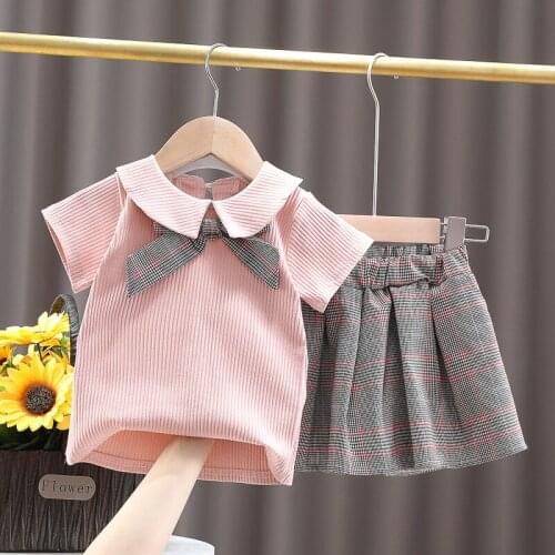HYLKIDHUOSE Baby Girls Clothing Sets 2021 Summer Children Casual Outfit Toddler Infant Bowknot T Shirt Plaid Shorts Kids Clothes