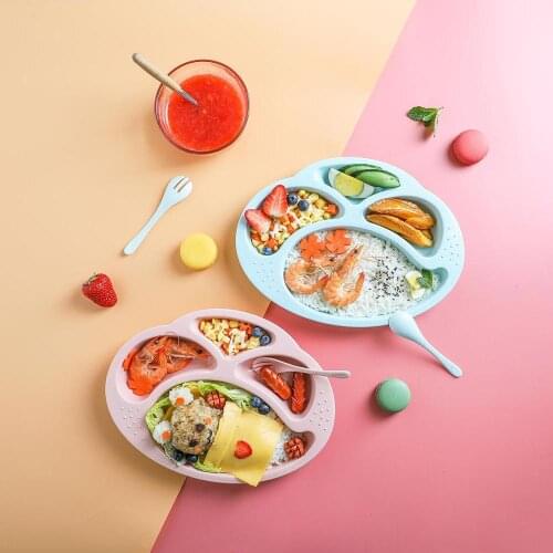 4 Grids Wheat Straw Bowl Kids Cartoon Whale Tableware Set Baby Dinner Plate Baby Training Bowl With Spoon Fork For Kid Gifts