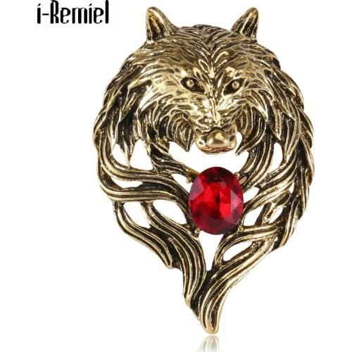 Retro Wolf Head Brooch for Men Antique Metal Gold Silver Color Badge Pins Mens Coat Suit Lapel Pin Crystal Jewelry Accessories