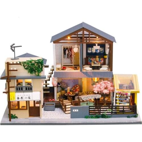 New Japanese Architecture Style DIY Sakura Wooden Dollhouse Model Miniature With Furniture Kit Toys For Children Friend Gift