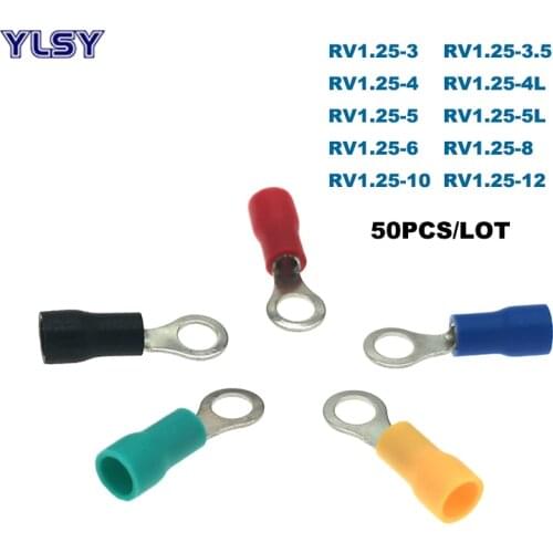 50Pcs Ring Insulated Crimp Terminals Electrical Wire Connector RV1.25-3/4/5/6/8/10/12 Ferrules Cable 0.5-1.5mm² 22-16AWG 19A