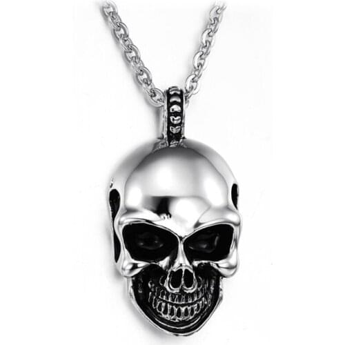 Punk Stainless Steel Three-dimensional Skull Pendant Necklace Men Hip Hop Rock Personality Long Mens Necklace Halloween Jewelry