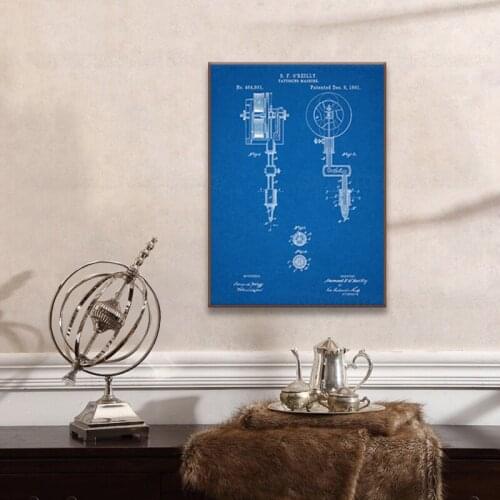 First Tattoo Machine Patent Prints Tattoo Parlor Wall Art Canvas Painting Posters Decor Vintage Blueprint Picture Decorations