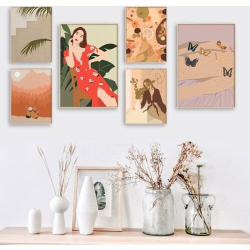Boho Fashion Girl Nordic Landscape Poster Butterfly Coffee Print Abstract Canvas Painting Wall Art Picture For Living Room Decor