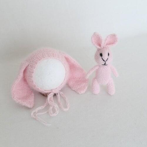 Pink Bunny Hat Knit Fluffly Rabbit hat and Toy Set Hand stuffer Animal Toy Baby Fuzzy Girl Bonnet Set Newborn Photograpy Prop
