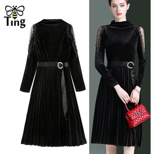 Tingfly Vintage Elegant Black Solid Color Velvet Pleated Dress with Sashes Retro Mesh Sleeve Patchwork Beading Casual Vestidos