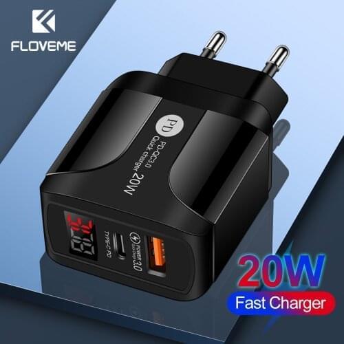 FLOVEME 5V 4A Type C USB Charger Quick Charge 3.0 20W PD Fast Charging Digital Display Phone Charger For iPhone Samsung Xiaomi