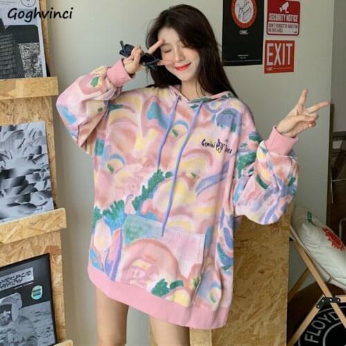 Hoodies Women Full Sleeve Printed Hooded Pullovers Baggy Colorful Soft Boyfriend All-match Korean Style Fashion Daily New Spring