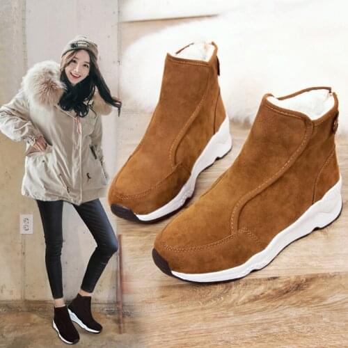 Weweya Wedges Winter Boots Women Flock Soft Plush Warm Zipper Ankle Boots For Women Brown Black Winter Shoes Women Botas Mujer