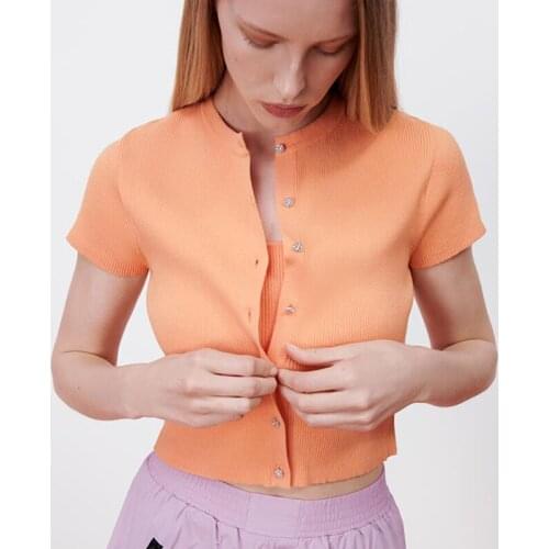 ZA Women 2 Pieces Knitted Sweater + Camisole 2021 Elegant Spring Single-Breasted Jewelry Button Short Tops Sets