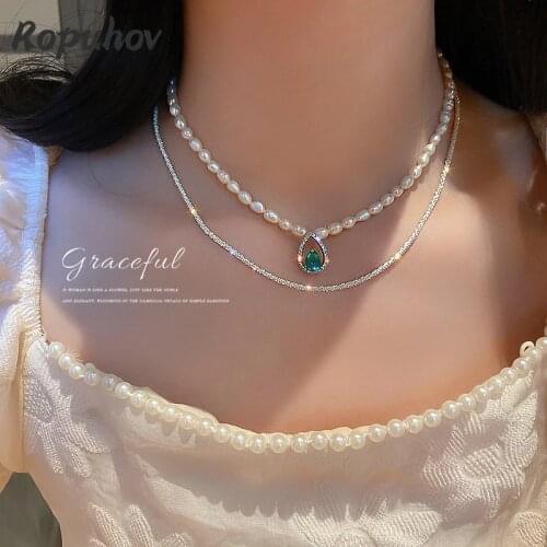 Ropuhov 2021 New 925 Silver Fashion Jewelry Woman Gift Fresh Water Pearl Green Drop Chain Necklace Korean Bling Wholesale