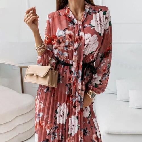 Womens Fashion Floral Print Draped Midi Dress Spring With Ribbon Collar Lace Up Women Party Lantern Long Sleeve Dresses Autumn