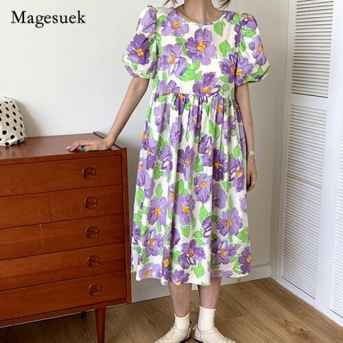 Korean Fresh Chic Summer 2021 Chiffon Dress Flower O-neck Puff Sleeve Midi Dress Sweet Cute Princess Purple Dress Vestidos 15714