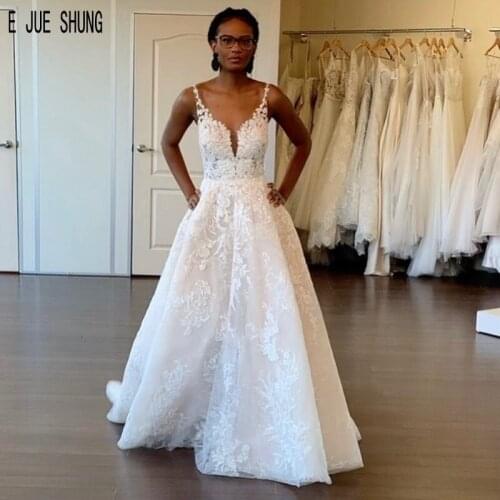 E JUE SHUNG Modest Wedding Dresses A Line Spaghetti Straps Lace Appliques African Wedding Gowns Vestidos de Novia Bride Dresses