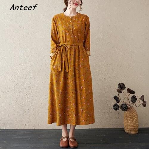 Long sleeve plus size cotton linen vintage floral dresses for women casual loose spring autumn dress elegant clothing 2021