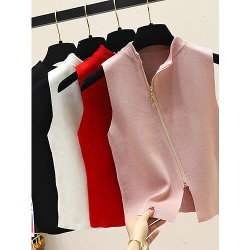 2021 Summer Spring zipper Knit Tank Top Cami Korean Camisole Elastic Vest O Neck Solid Color New Slim Breathable Tops White