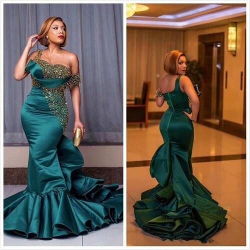 2020 Arabic Aso Ebi Hunter Green Sexy Evening Dresses Beaded Sequins Mermaid Prom Dresses One Shoulder Formal Party Second Recap
