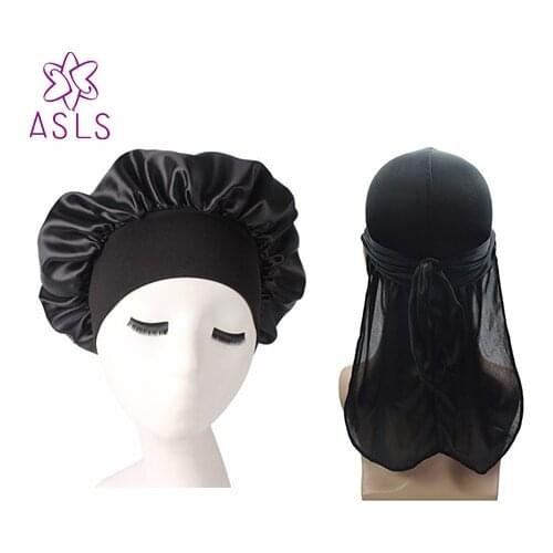 New Men and women Silk Durag Bandana Headwear Wide Doo Rag Bonnet Polyester Cap Comfortable Sleeping Hat 2pcs/lot