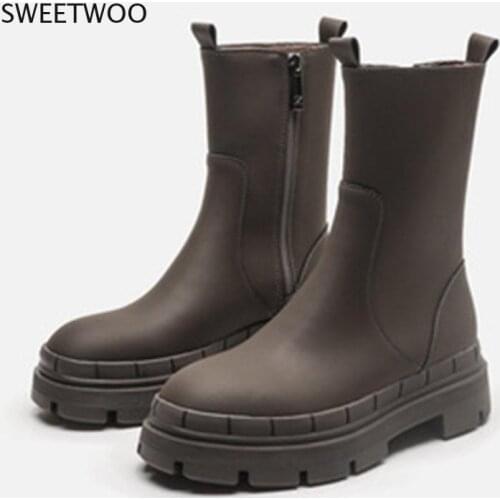 2021 New Womens Ankle Boots Autumn Winter Chelsea Boots Pu Leather Zipper Chunky Heels Platform Fashion Ladies Shoes Long Boots