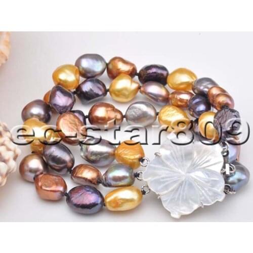 P6329 3Row 8" 13mm Yellow Coffee Black Baroque Freshwater Pearl Bracelet Woman fashion Jewelry