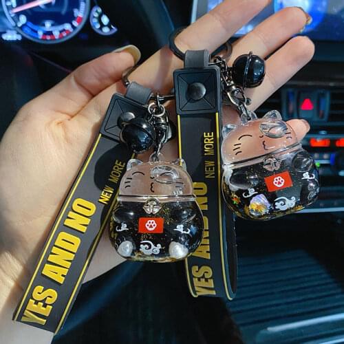Fashion Black Lucky Cat Floating Bottle Keychain Liquid Oil Cat Acrylic Keyring Gift Women Couple Backpack Pendant Key Chain