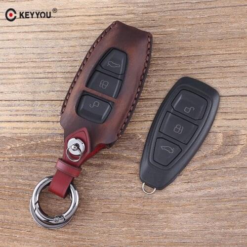 KEYYOU Keychain 3 Button Leather Car Key Case Fob Key Cover For Ford Focus 3 MK3 MK4 C-Max Mondeo Kuga Fiesta Car Key Shell