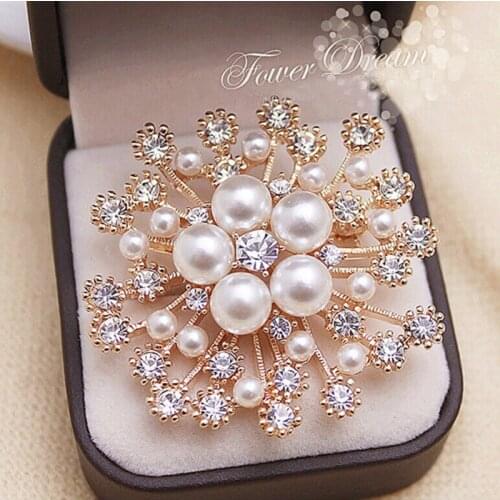 Skysuk Classic Rhinestone Pearls Flower Brooches Pins Vintage Wedding Bouquet Brooch For Women Costume Jewelry Accessories