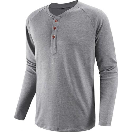 Autumn Men T-shirt Solid Color Buttons Men T-shirt Sweat-absorbing Long Sleeve O-neck Tee Shirt Male Clothing 2XL